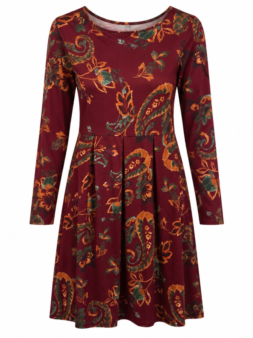 24seven Comfort Apparel Women’s Large Burgundy Paisley Long Sleeve Pocket Dress